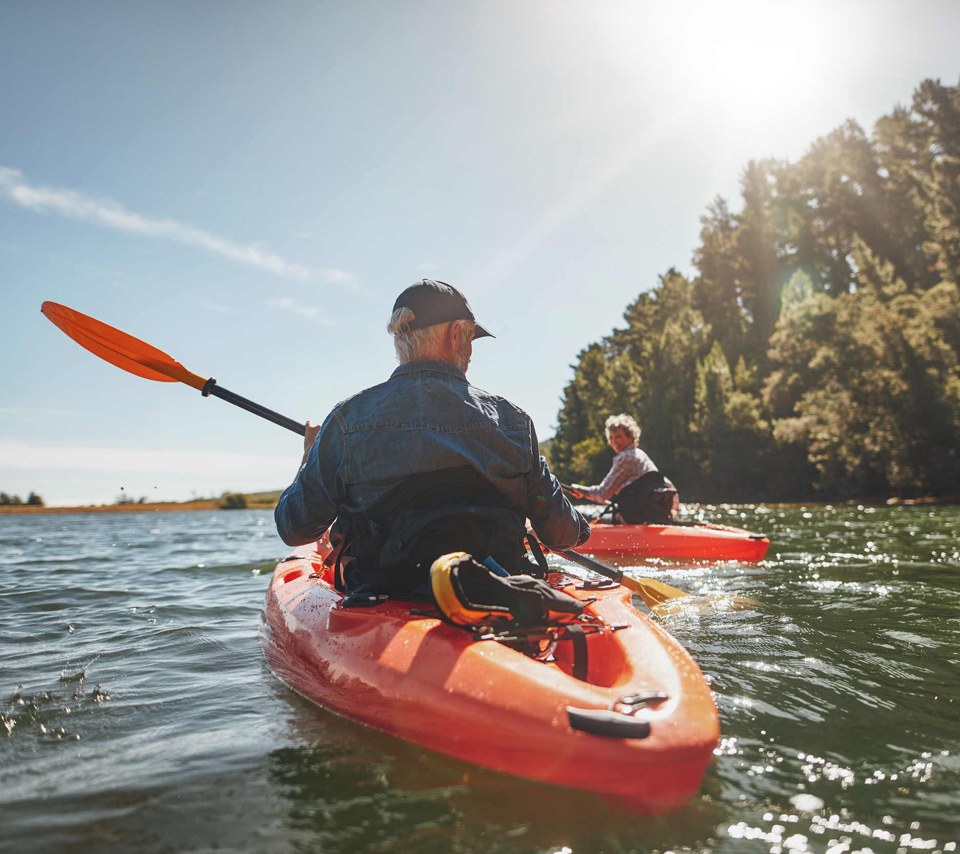 Sheaff Brock in the news, Dave Gilreath publications for Medical Economics, photo from behind of a man in a kayak on a sunny day with a woman kayaking in front of him