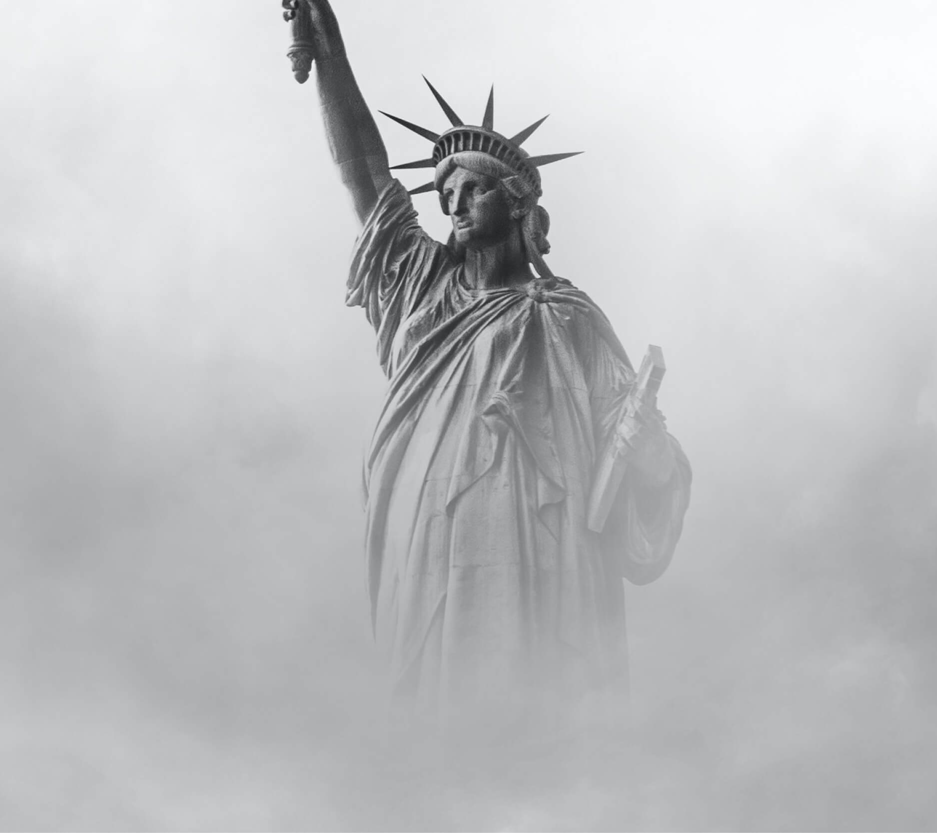Sheaff Brock market update newsletters, May 2023, black and white image of the Statue of Liberty surrounded by fog